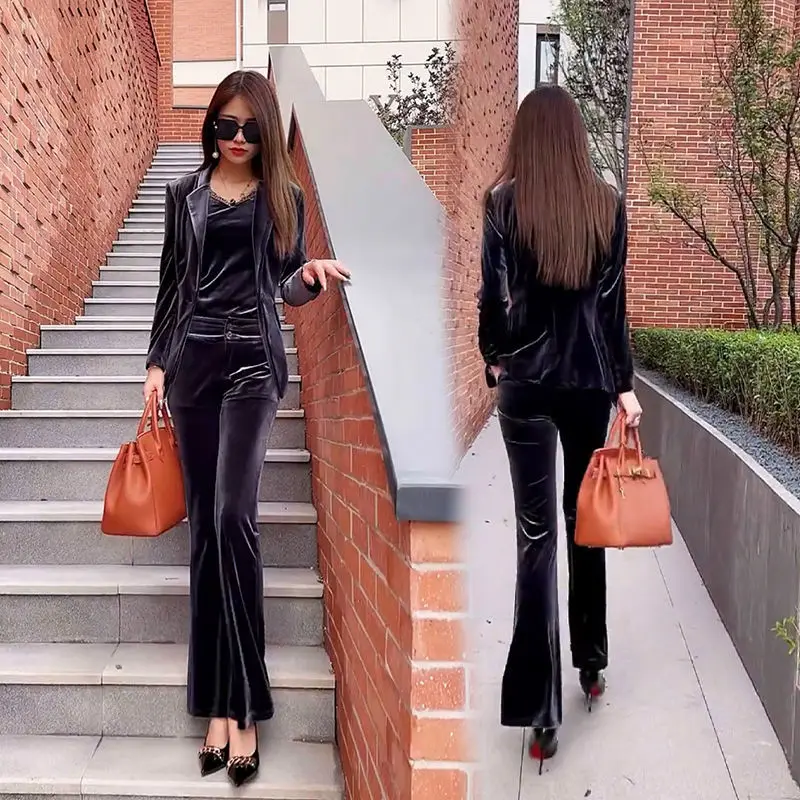 

2023 Autumn Women's Suit Slim Fitting Gold Velvet Two-piece Show Thin Fashion Top Mature Commuter Coat Women's Wear