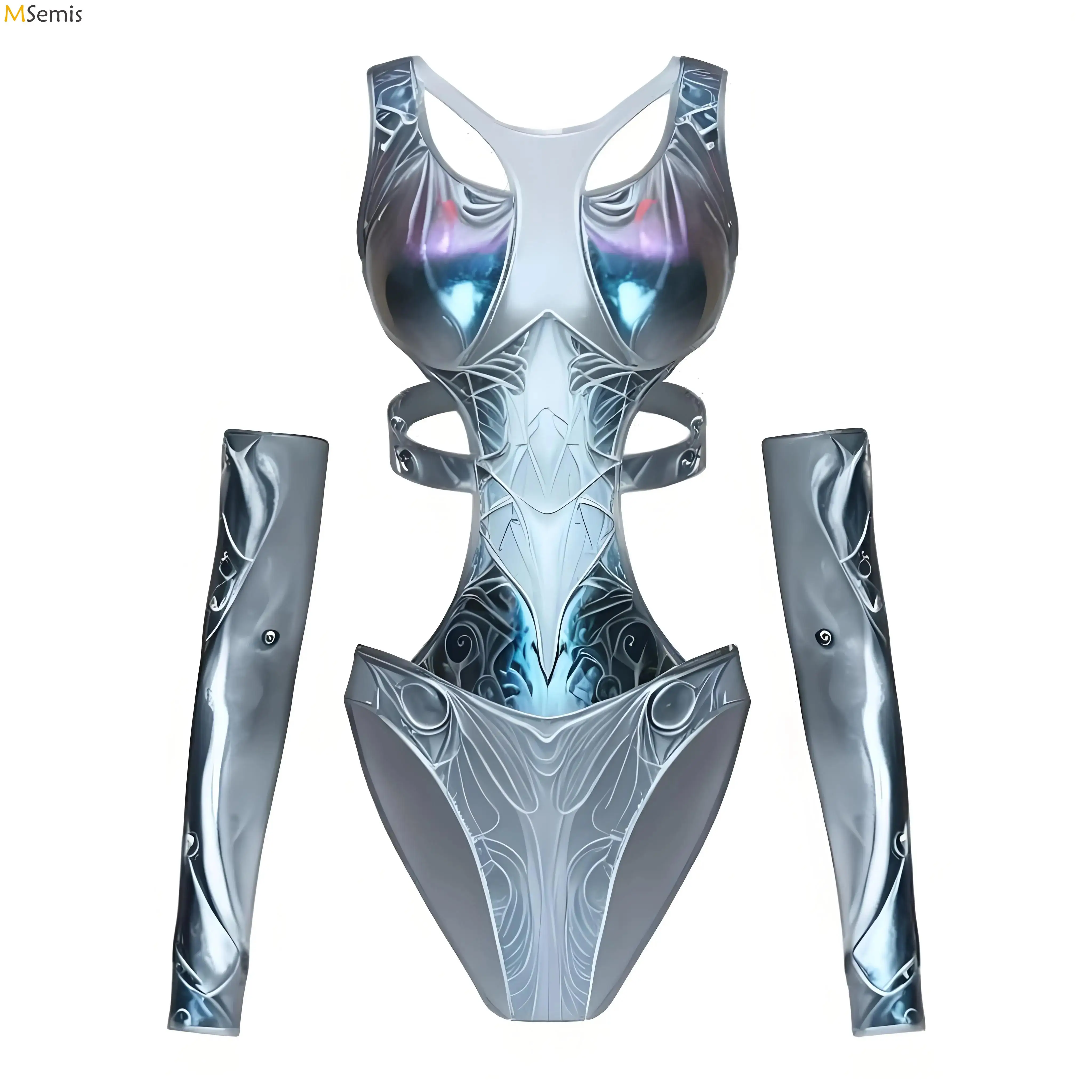 Damen-Body mit metallischem Flüssigkeit, einteilig, ausgeschnitten, ärmellos, Trikot, Rave-Astronaut, Weltraum-Alien-Cosplay-Outfit, Halloween-Kostüm