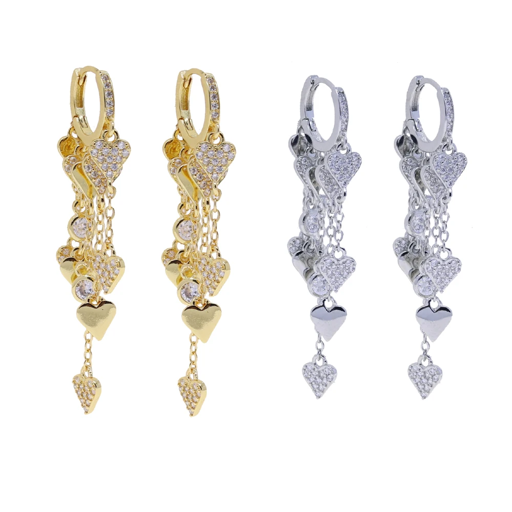 

New Bling Bezel Set Heart Cubic Zirconia Tassel Dangle Earrings for Women Gold Platinum Plated Color Fashion Jewelry for Party