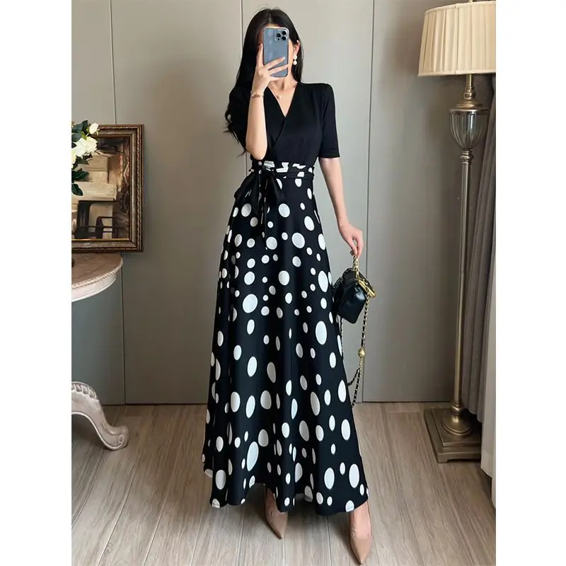 Fashion Printed Spliced Bandage Polka Dot Long Dress Women\'s Clothing 2024 Spring Summer New Loose Office Lady Vintage Dress