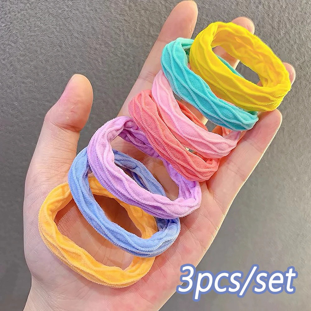 3 Stks/pak Eenvoudige Naadloze Scrunchies Geen Schade Gemengde Kleur Elastische Haarbanden Set Voor Kinderen Meisjes Paardenstaarten Houder Zomer Hoofddeksels