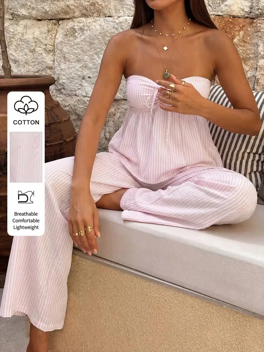 

Womens Pink Stripe Cotton Two Piece Set Sleeveless Top And Loose Wide Leg Pants For Summer Casual Vacation