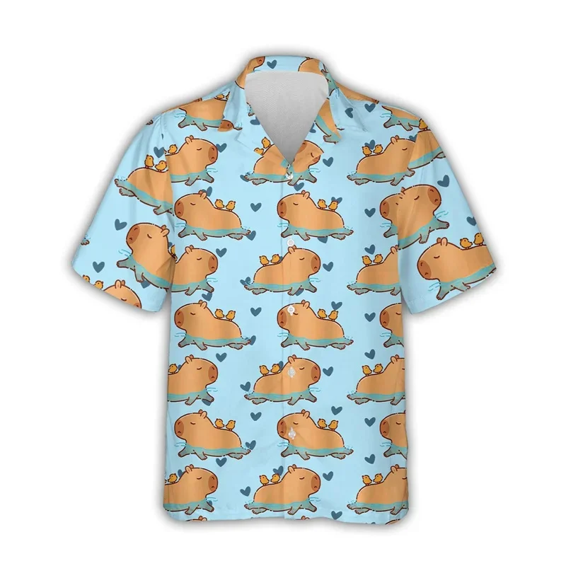 Hawaiian 3D Cute Animal Capybara Printing Shirts Summer  Hydrochoerus Graphic Short Sleeves Shirts Men Funny Clothing Shirts