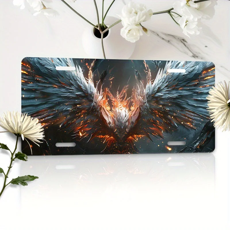 1 Piece Aluminium Waterproof License Plate with Symmetrical Wings and Weapon Design - Decorative Car Front Art Panel 6x12