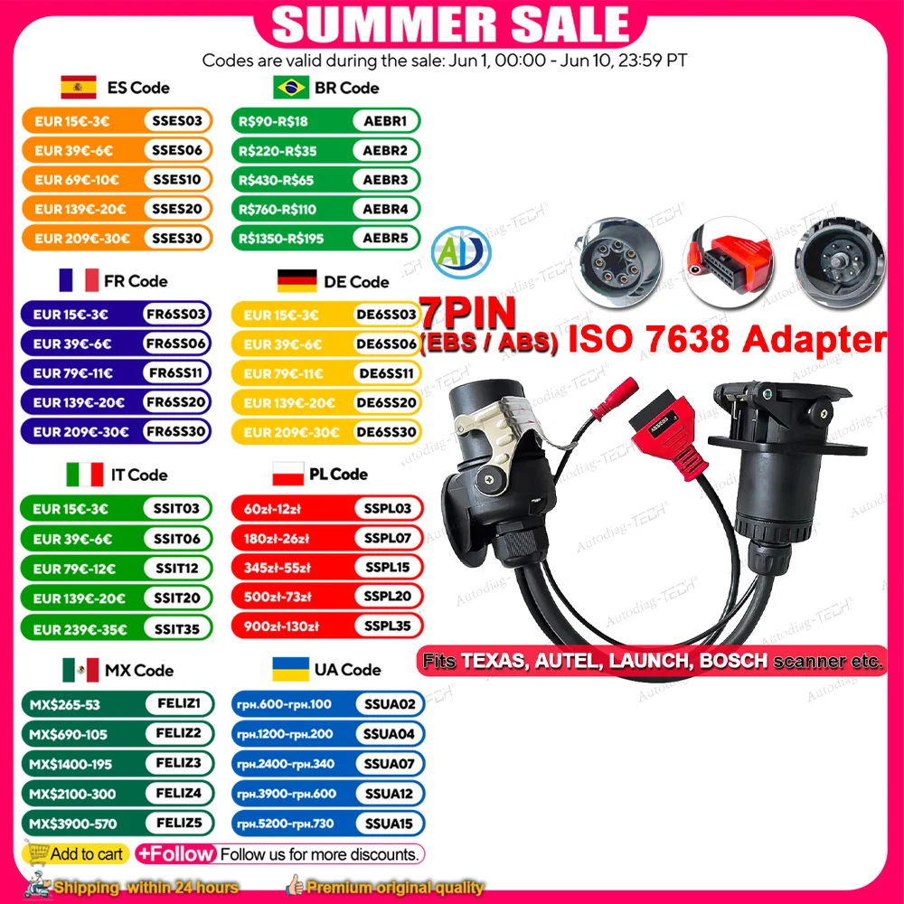

Trailer ISO 7638 7pin Connector Truck OBD2 Diagnostic Cable for Bosch/Autel/Autocom/LUANCH Scanner Truck EBS Diagnostic Cable