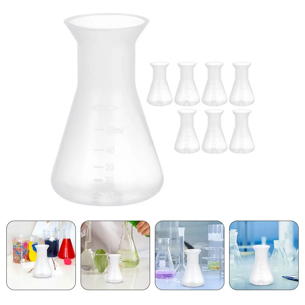 Juego de 8 Frascos Erlenmeyer de Plástico, Frascos Cónicos para Experimentos de Química de Laboratorio, con Escala Graduada, para Mezclar y Agitar, con Protección Antiderrames