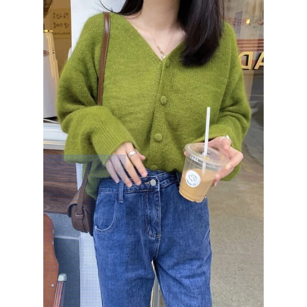 Autumn Fashion Lazy V-neck Cardigan Women\'s Green Long-sleeved Single-breasted Sweater Casual Knitwear