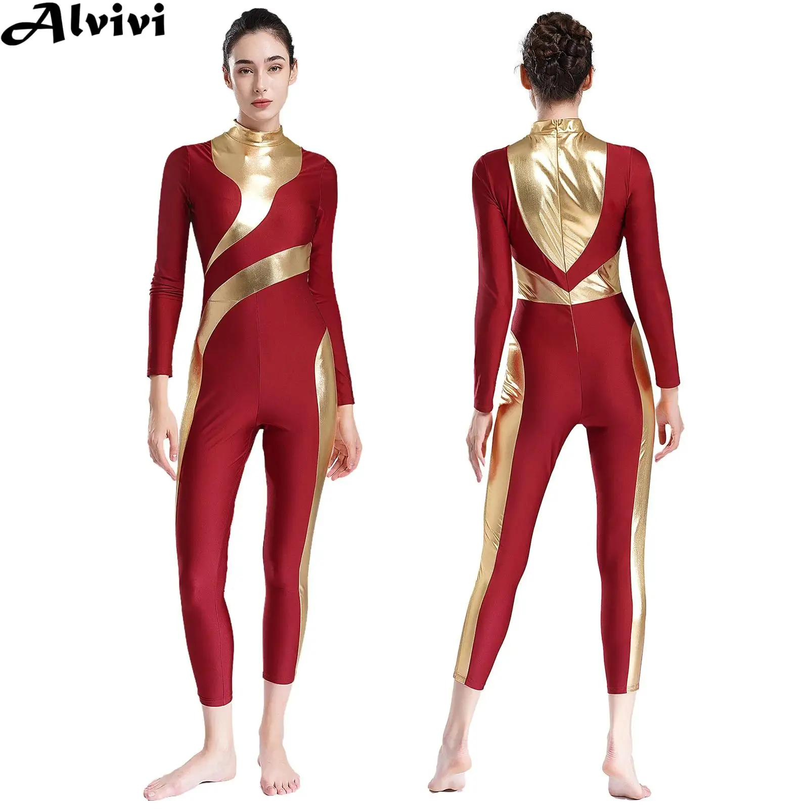 Women Dance Gymnastics Yoga Jumpsuit Long Sleeve Metallic Shiny Bodysuit Ballet Figure Skating Acrobatics Leotard Dancewear