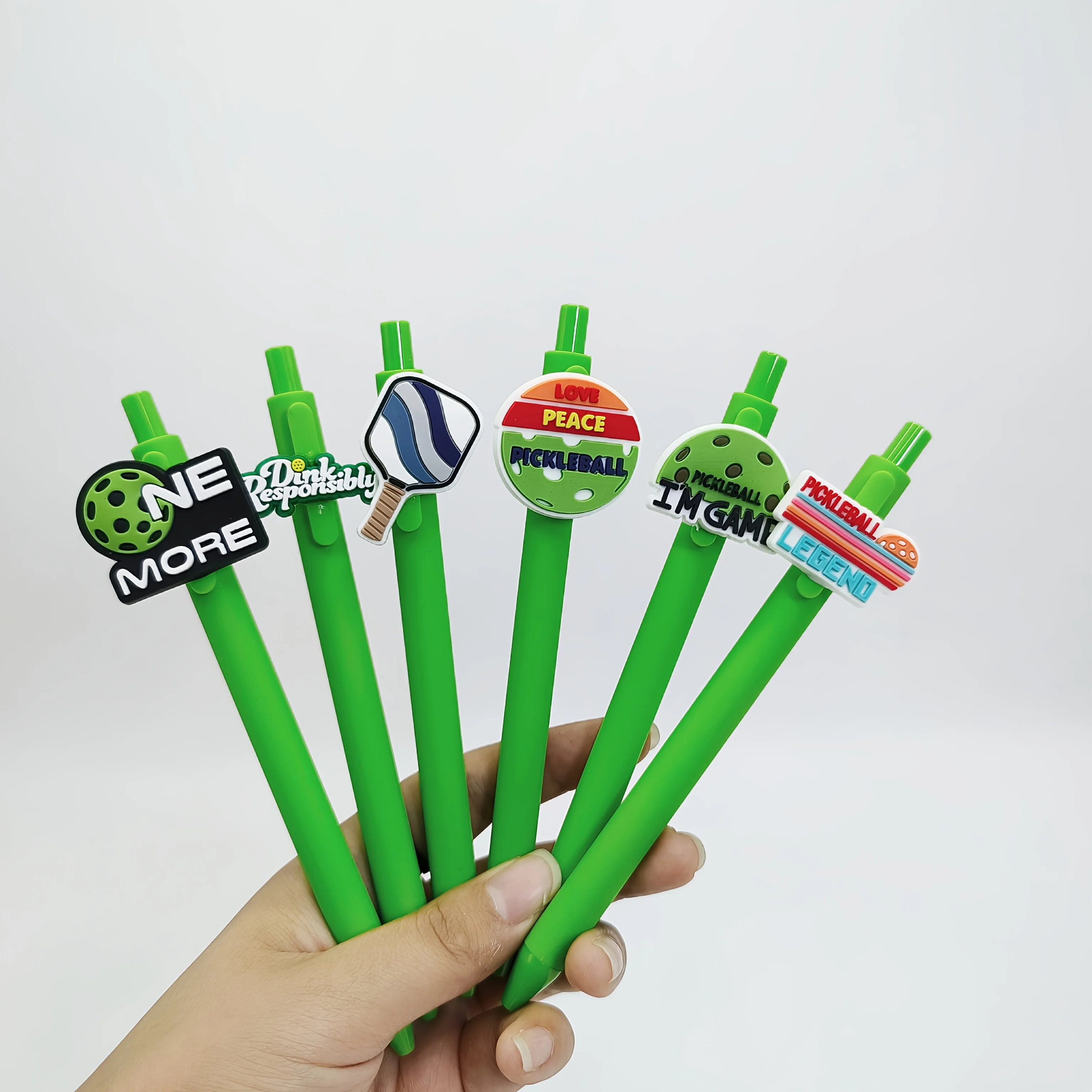 10Pcs green sports pickleball series patch pen PVC soft patch ballpoint pen, student signature gift pen, random style