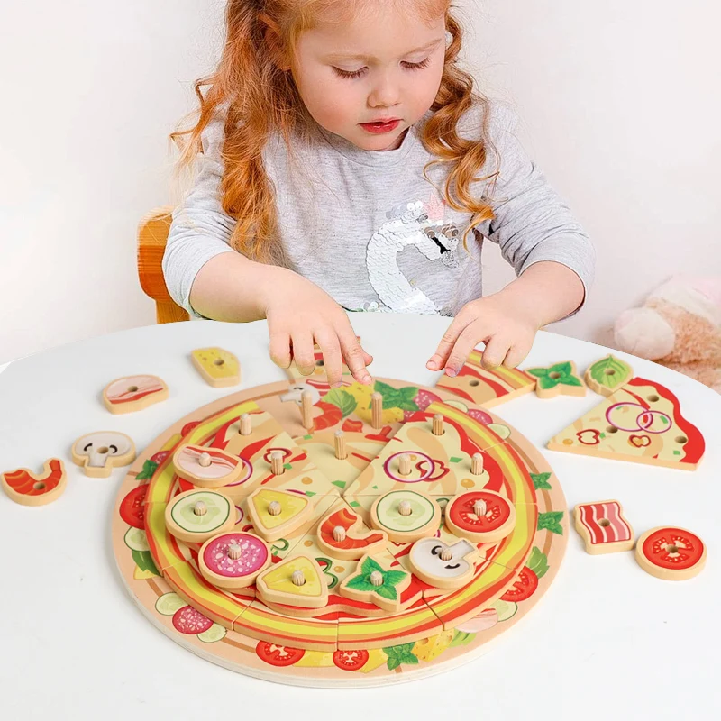 Wooden Simulation Pizza Children Play House Boy Girl Cake Dessert Cutting Game Music Fruit and Vegetable Cognition Wooden Toy