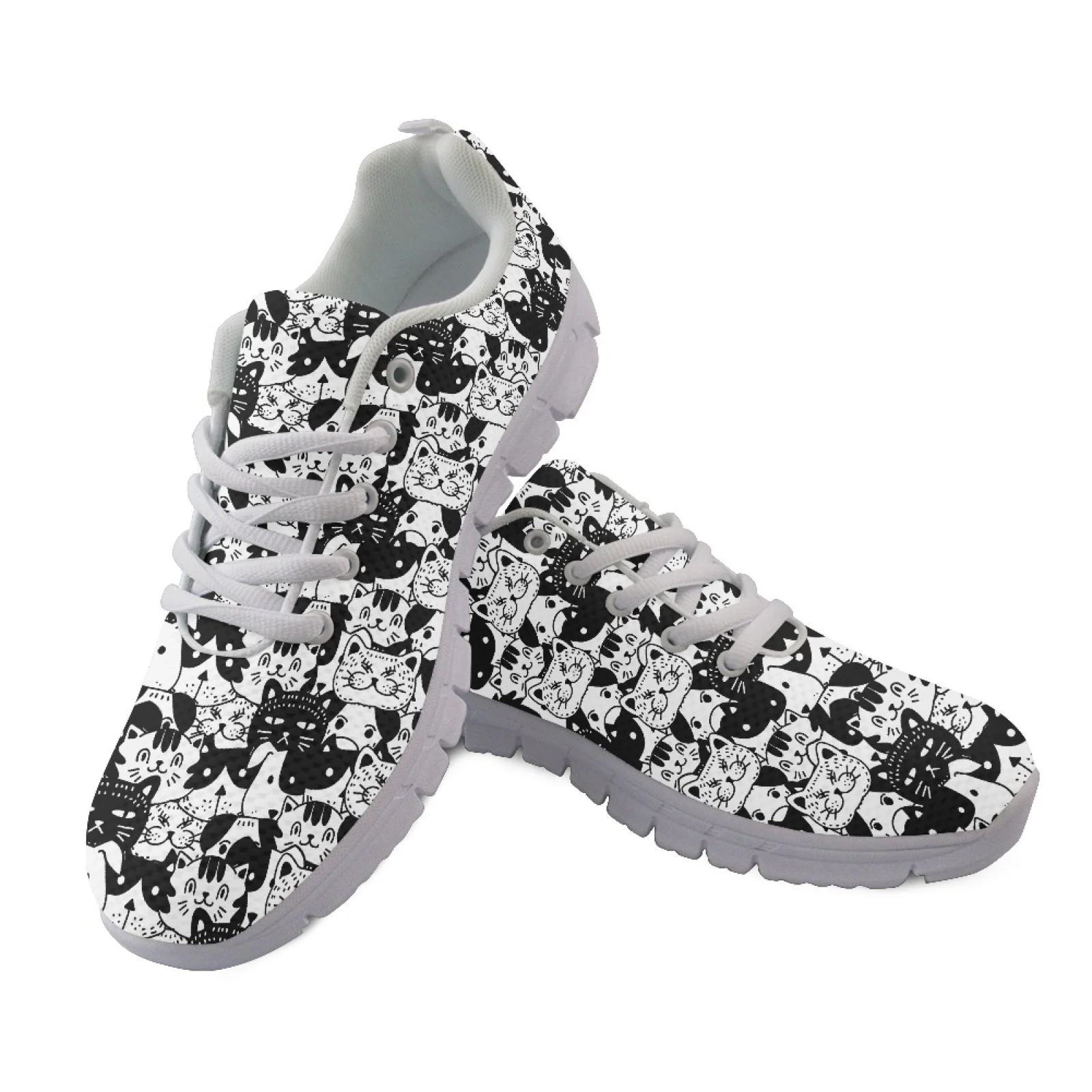 Coloranimal Black White Cat Print New Design Casual Walking Sneakers for Women Mesh EVA Sole Running Sneakers Sports Trainers