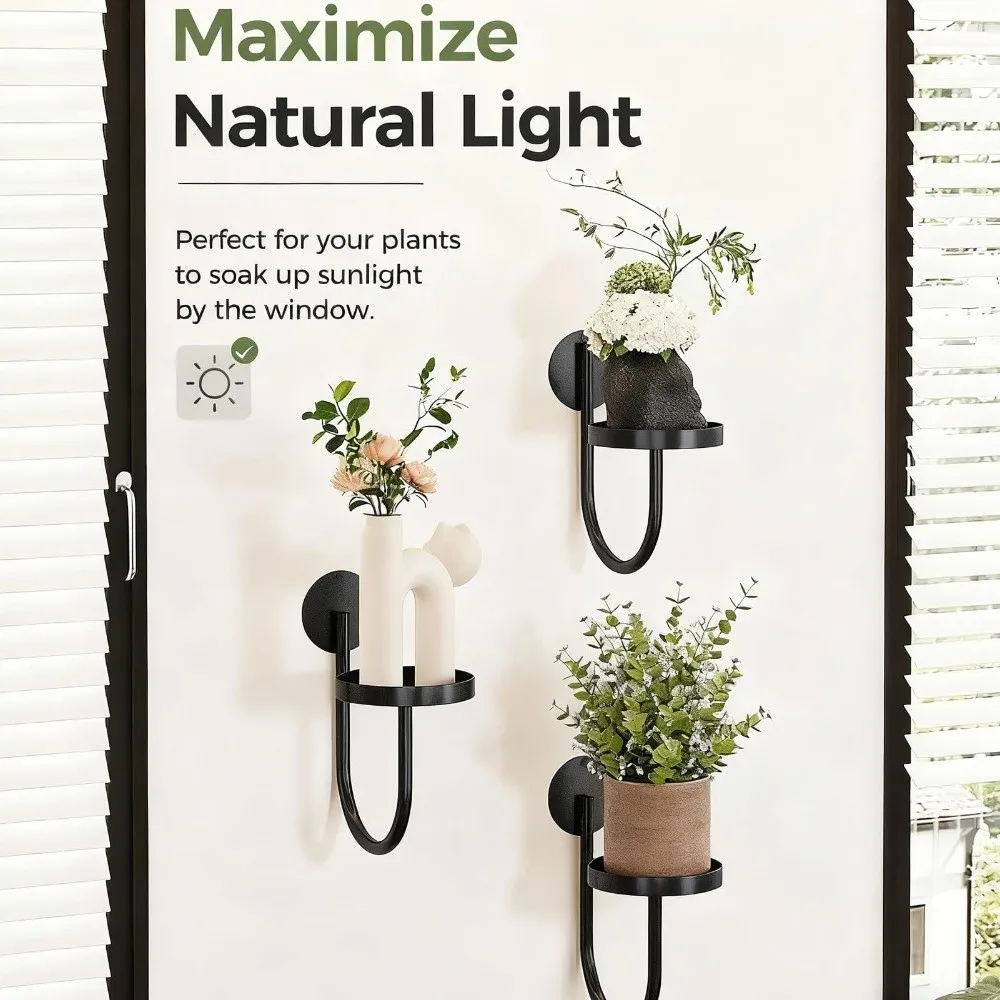 Sturdy Iron Wall Mounted Plant Holder Space Saving Wall Art Hanging Plant Stand Black Bonsai Hanging Metal Flower Shelf