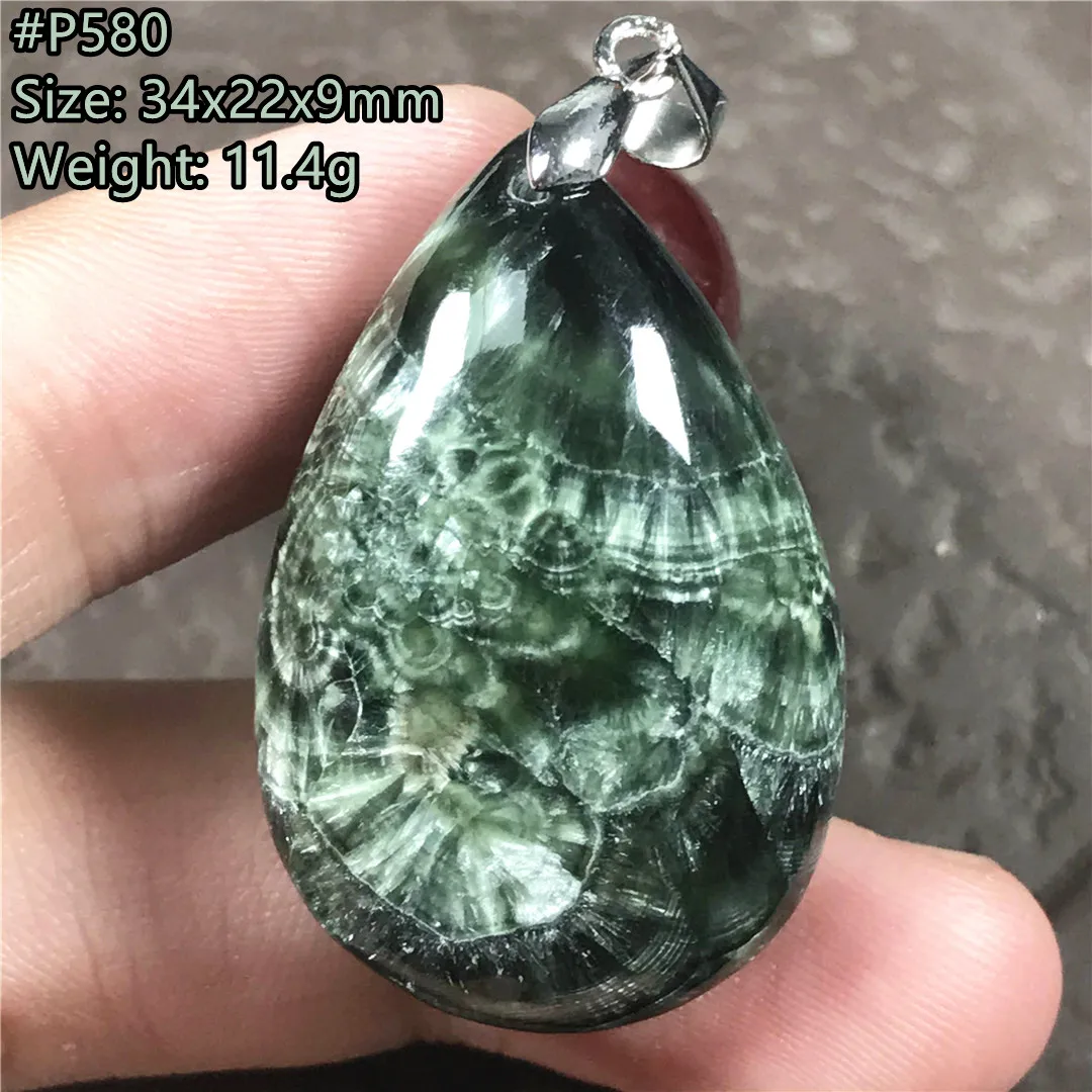 Natural Green Seraphinite Stone Necklace Pendant Jewelry For Women Men Wealth Gift Luck Crystal Silver Beads Rare Gemstone AAAAA