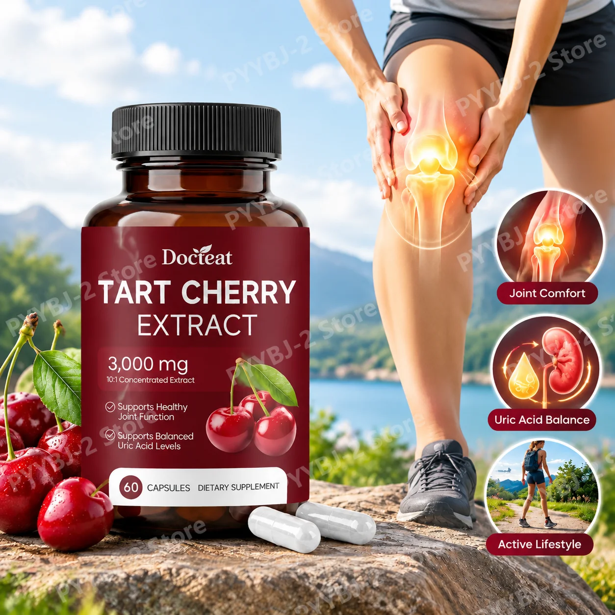 Tart Cherry Capsules Maintain Knee Joint Function & Uric Acid Balance with Prunus Cerasus Concentrated Extract 300mg 60 Capsules