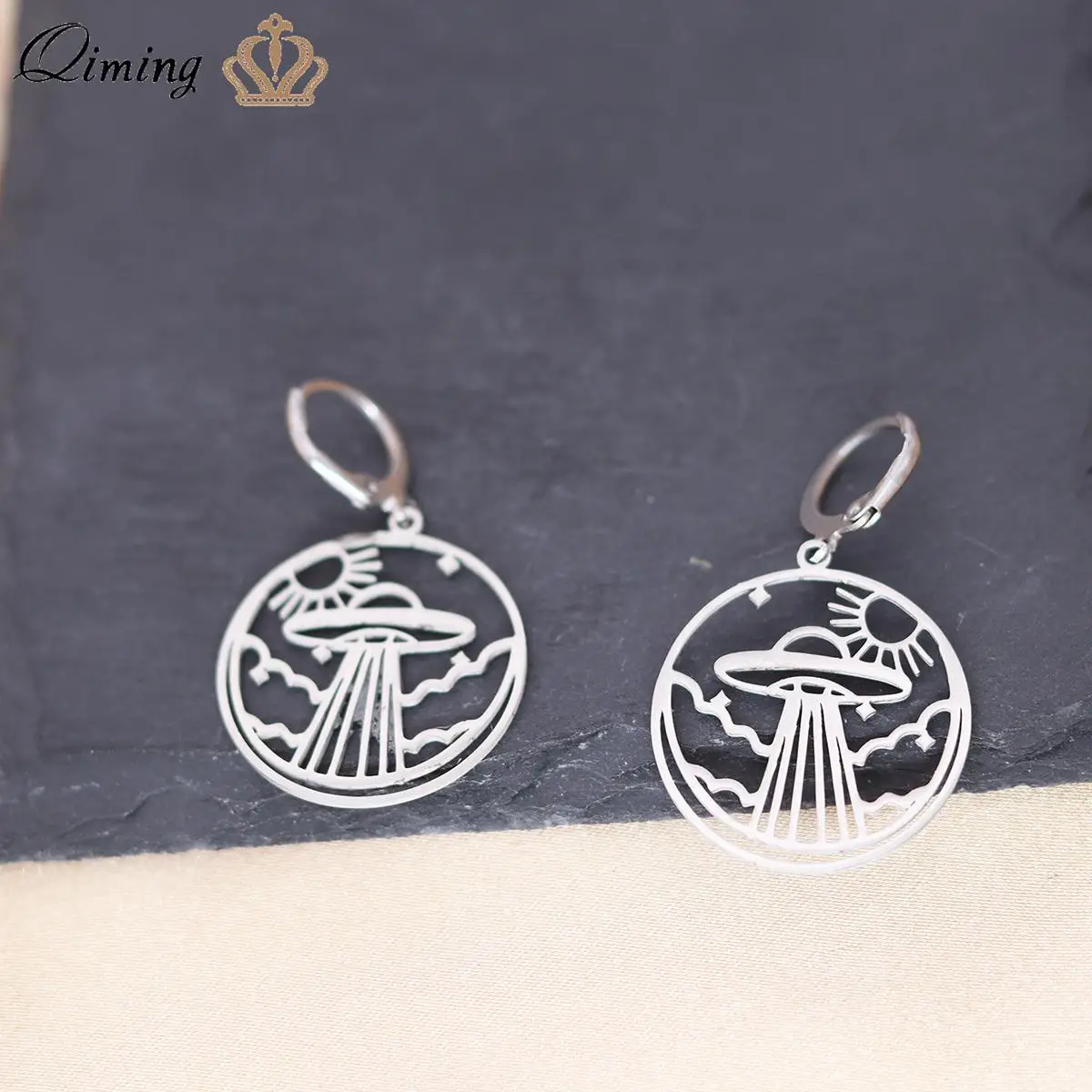 QIMING Stainless Steel Ufo Sun Earrings For Women Vintage Jewelry Universe Galaxy Solar Hoop Earrings