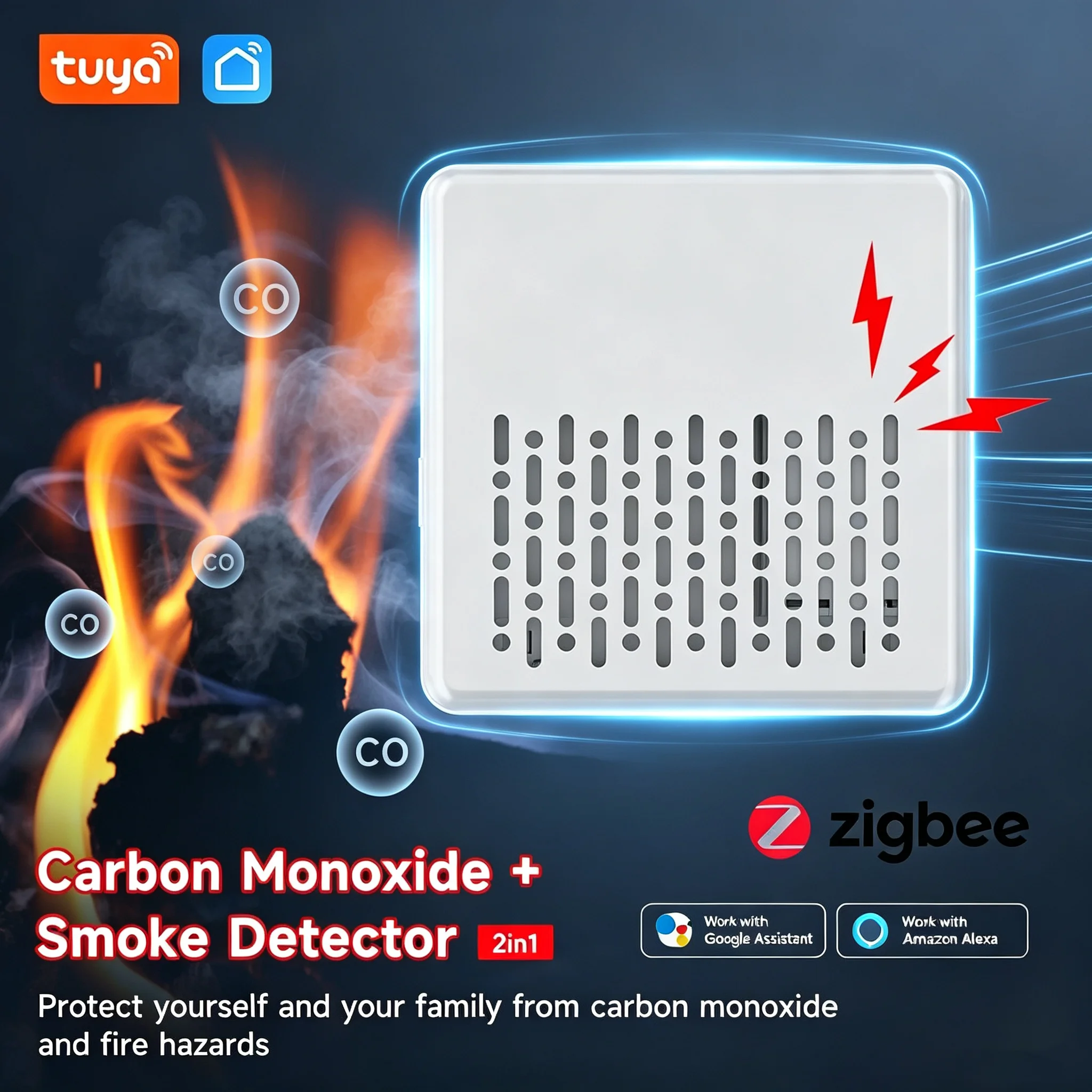 Tuya 2in1 Zigbee Smoke Carbon Monoxide Detector Smart Fire CO Alarm  Phone Notification Compatible Smart Life Alexa Google
