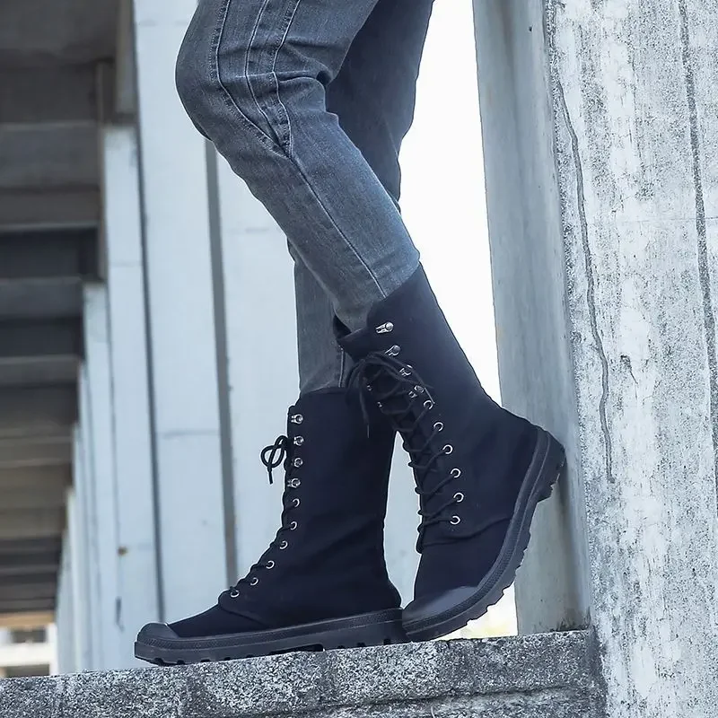 الرجال البريطانية عالية أعلى قماش منتصف العجل الأحذية ربيع الخريف في الهواء الطلق المضادة للانزلاق الرمال الغبار برهان قطعة واحدة اللسان أحذية عمل