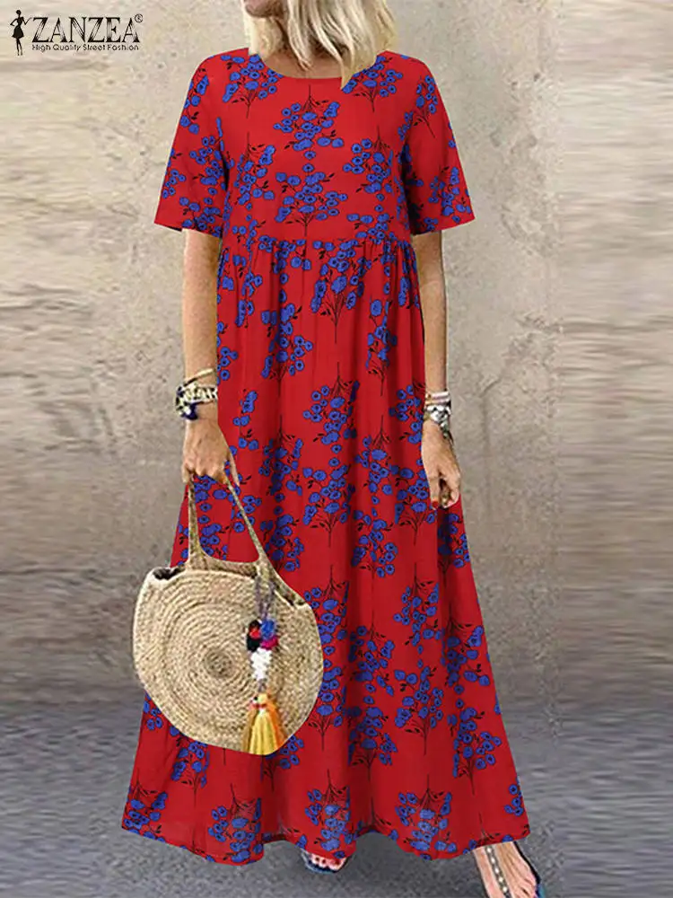 

2023 ZANZEA Women Dress Summer Long Maxi Dresses Short Sleeve Casual Floral Printed Vestido O Neck Holiday Kaftan Baggy Sundress