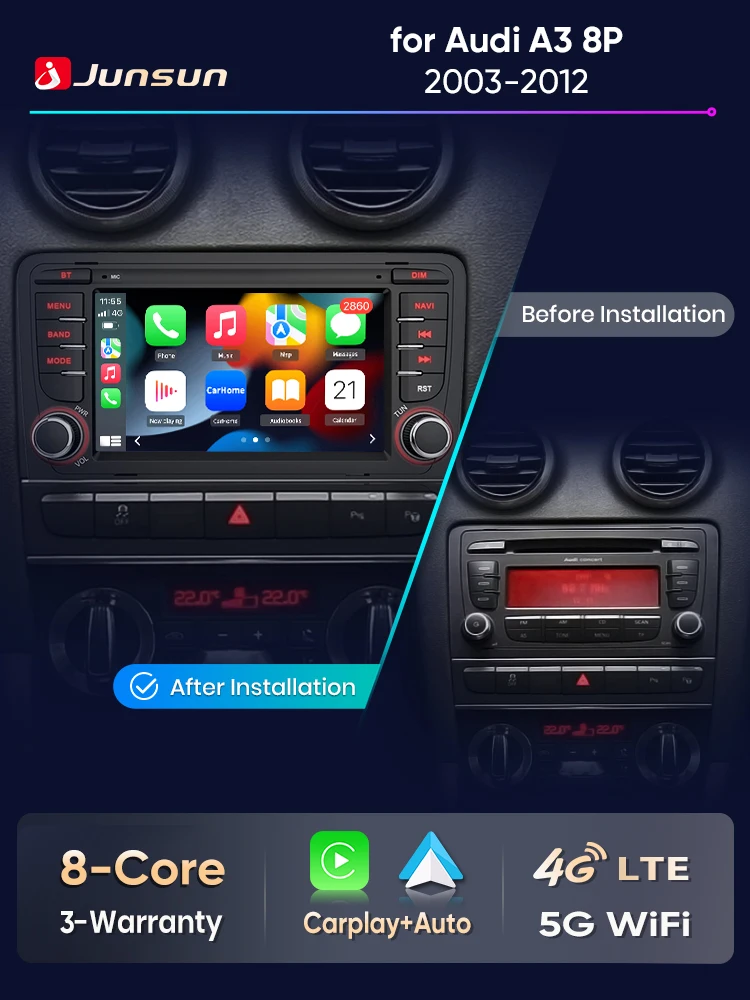 Junsun 7 inch Android autoradio voor Audi A3 8P S3 2003-2012 CarPlay Auto Multimedia Stereo Intelligent Systemen 4G GPS RDS DSP DAB+ 8-core speler - afbeelding 2