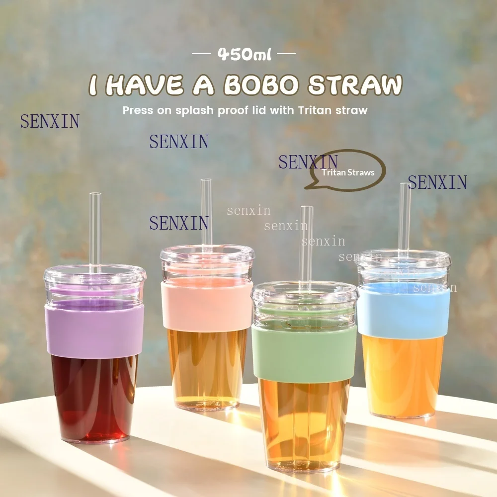 

450ml Tritan Straw Cup Milk Tea Cup Coffee Cup Multi-colored with Waist Cover Straw Water Cup