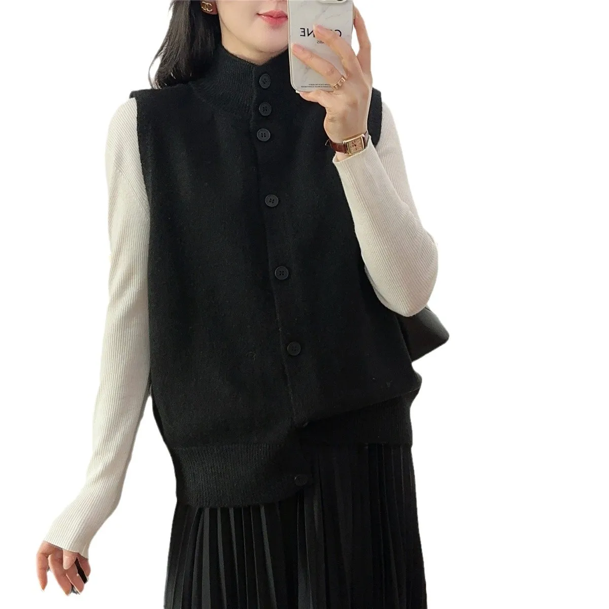 سترة نسائية محبوكة ناعمة ومريحة يمكن ارتداؤها على الوجهين سترة f تصميم ذو ياقة عالية للتنقل بطول طويل