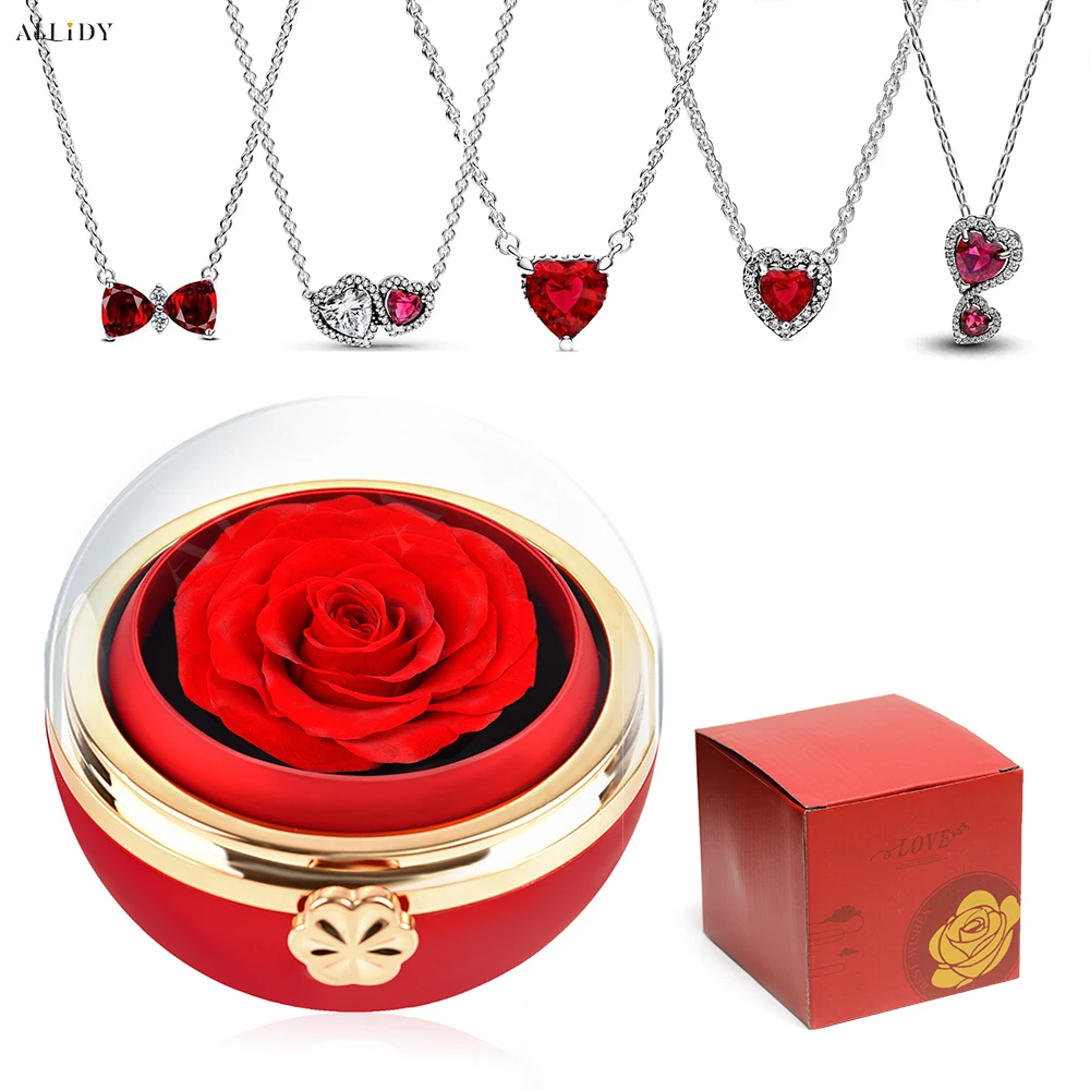 Red/Pink Shiny Love Full of Diamond Jewelry Charm Necklace Women Exquisite Jewelry Gift Rose Box Gifts Set