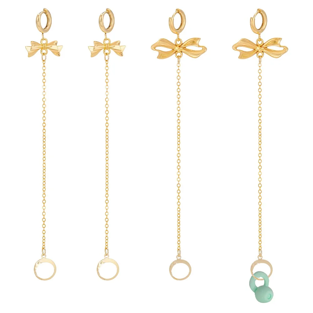 

2Piar 201 304 Stainless Steel Hoop Earrings with Brass Chains and Alloy Pendants Bowknot Golden 142~144mm