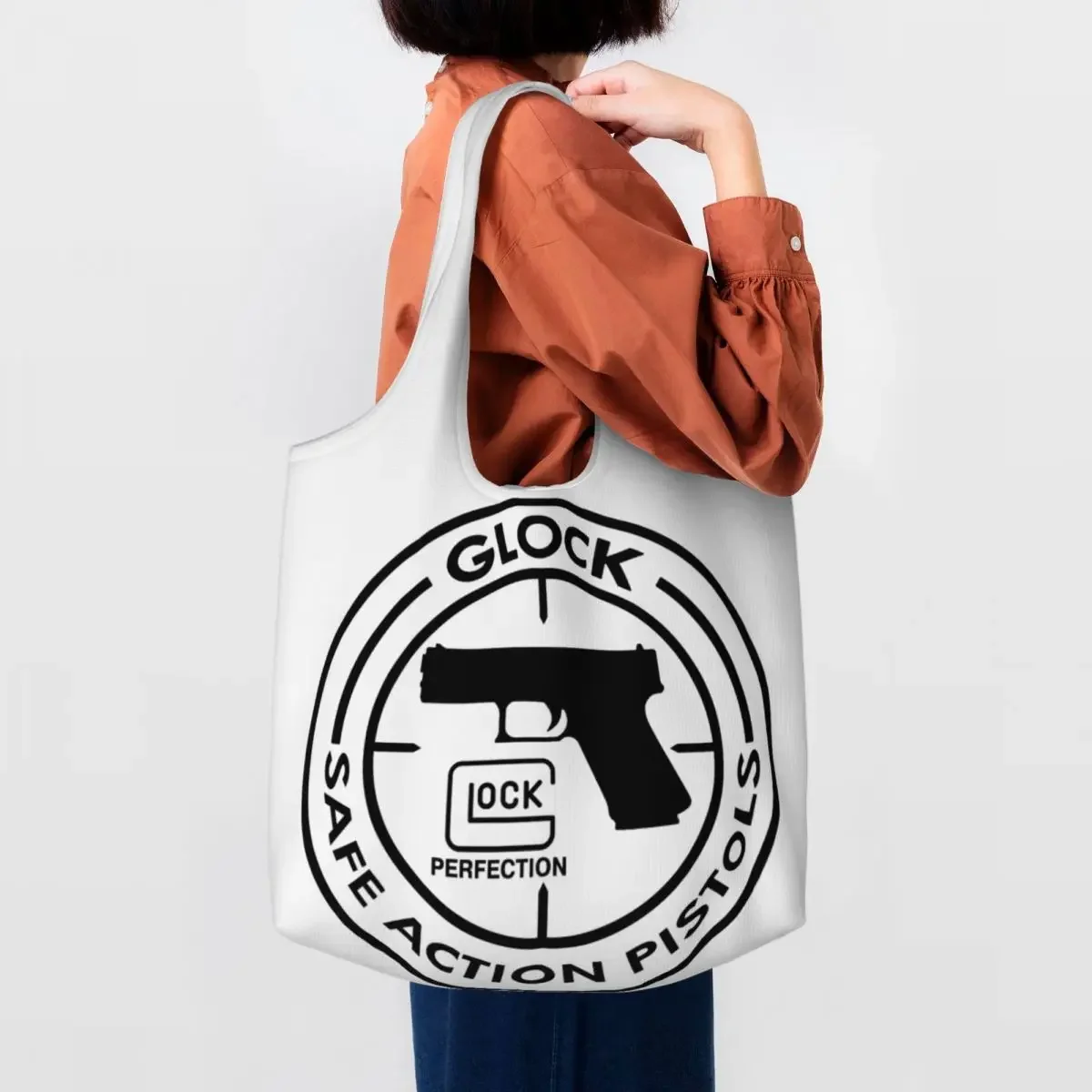 

Reusable Glocks Pistol Shopping Bag Women Canvas Shoulder Tote Bag Durable USA Handgun Pistol Logo Grocery Shopper Bags Handbag