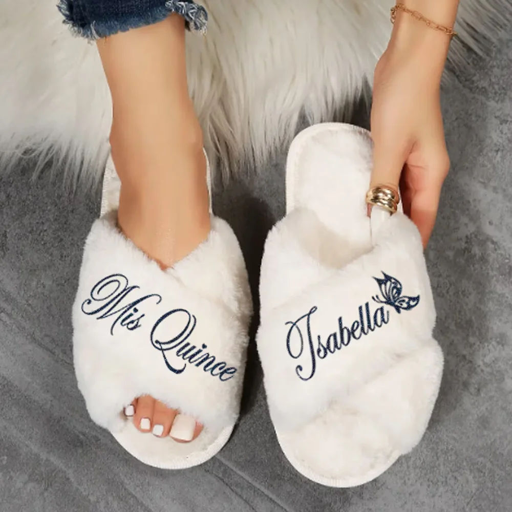 

Custom Mis Quince Fluffy Slippers Quinceanera Teen Girls Birthday Party Decoration Supplies Bestie Gift Quince Squad Slippers