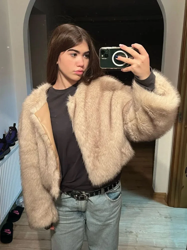 Warm Luxurious Plush Long Sleeves Womna Faux Fur Coat Fashion O Neck Loose Casual Short Coat 2025 Autumn Winter New Streetwear