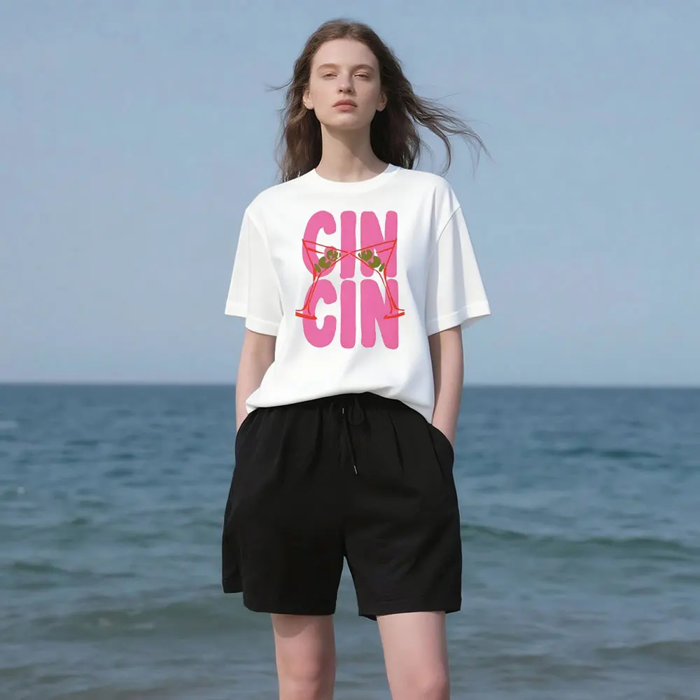 

Cin Cin Italian Cocktail Shirt Italian Summer Causal Vacation Tee Tops Women Fashionable Daily Life Crewneck Cotton Short Sleeve