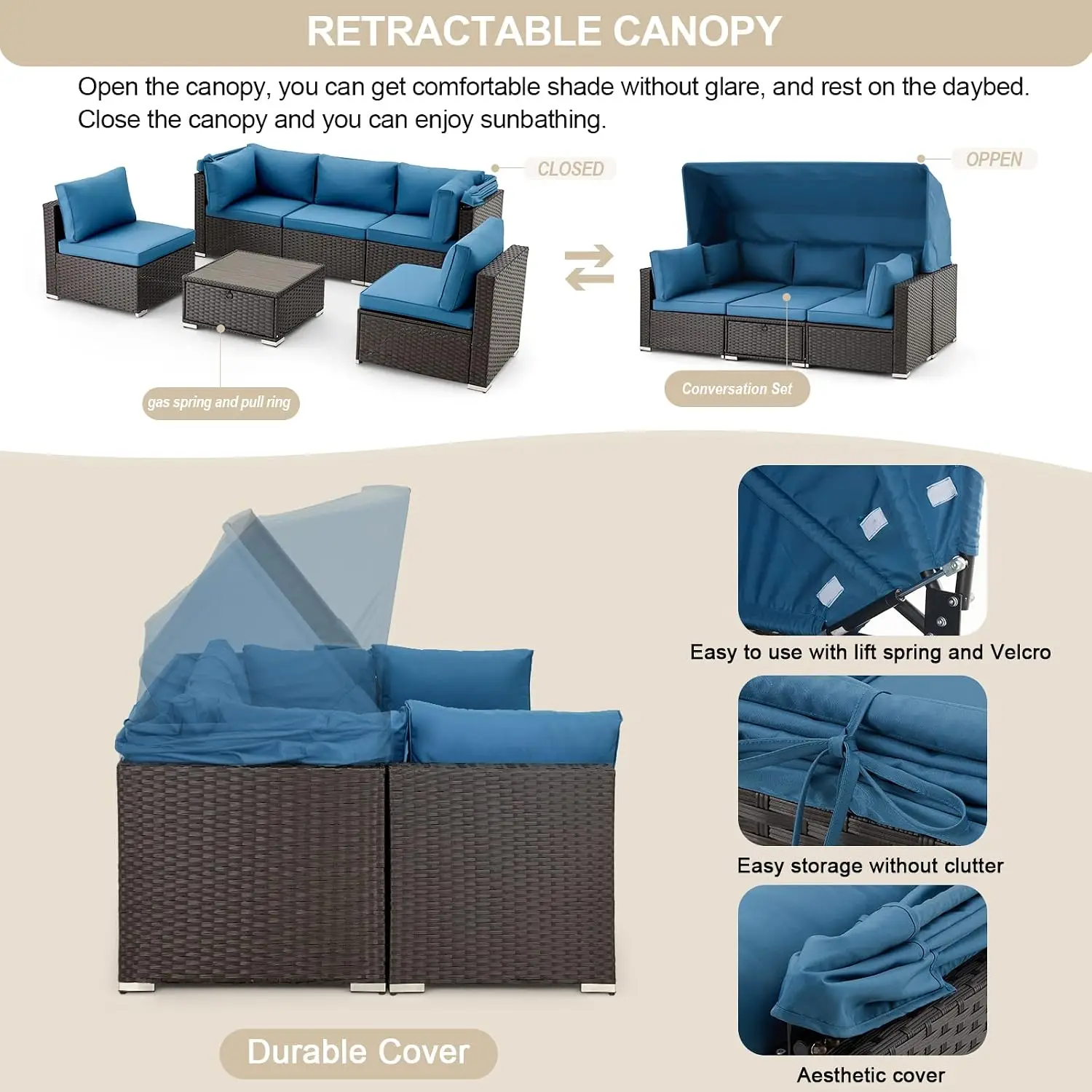 6pc Patio Sectional Sofa Rattan Daybed Retractable Canopy Adjustable Backrest Storable Tea Table Sunbed Garden , Customized