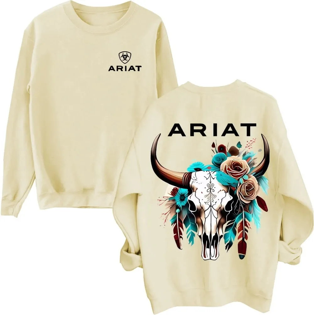 Ariat Sweatshirt, Unisex Sweatshirt Featuring A Wild Bull Skull Design With Intricate Floral Patterns, Casual Sweatshirt