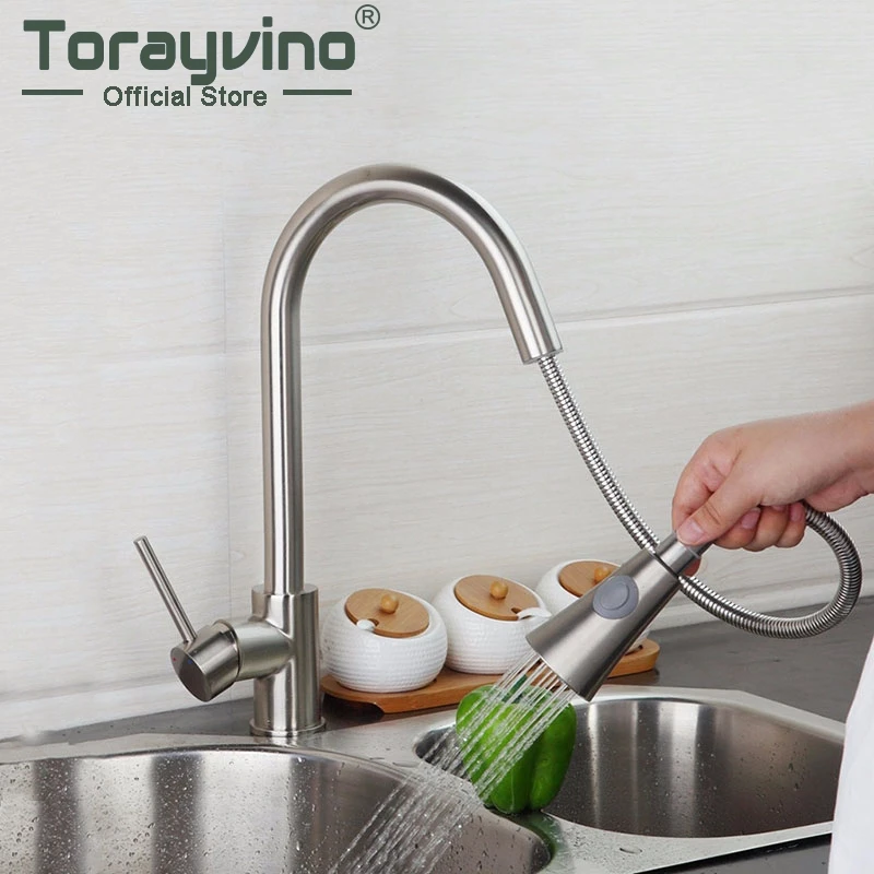 Torayvino 360 Swivel Brushed Nickel Kitchen Pull Out Faucet Solid Brass Spray Deck Mounted Basin Sink Cold And Hot Mixer Tap