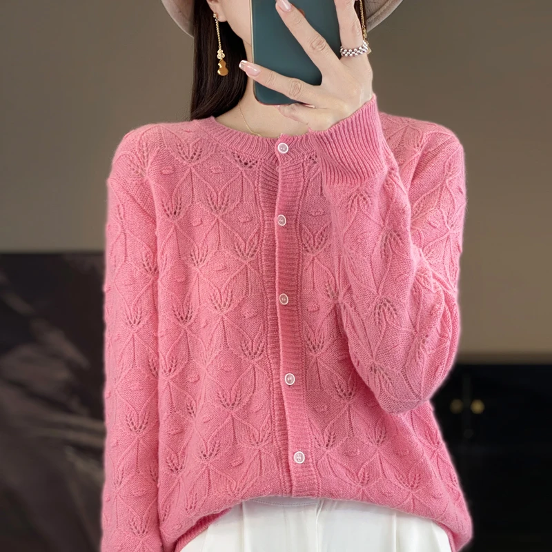 

2024 Spring and Autumn New Women's Cardigan 100% Merino Wool Sweater O-neck Hollow Fashion Cashmere Knitted Coat Elegant Top
