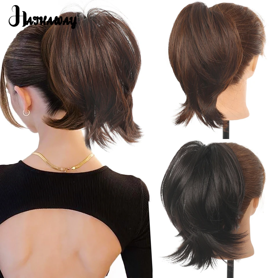 8 Inch Straight Hair Short Ponytail Synthetic Grab Clip Short Ponytail Bun Fluffy Supple Black Daily Party Commuting Daily Wear