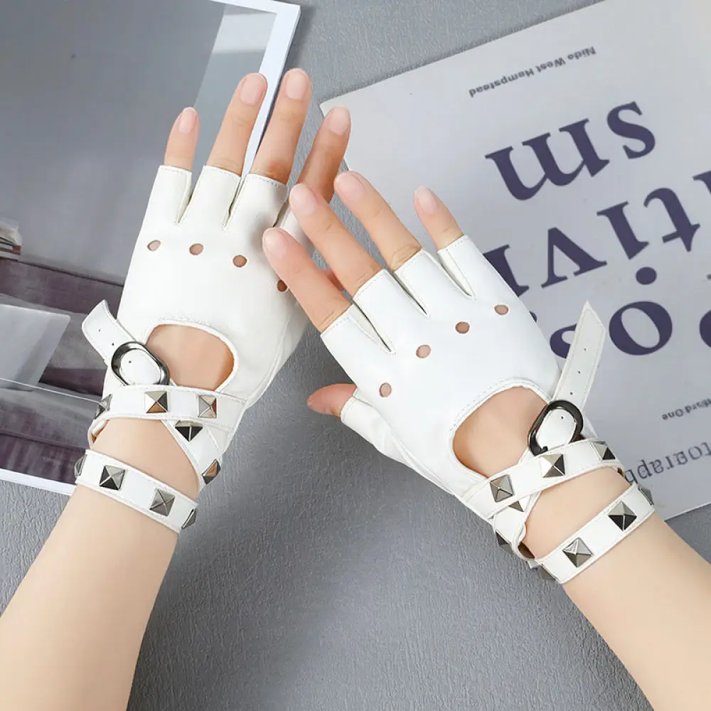 Fashion Punk Rivet Fingerless Gloves Women Gothic Hollow Out Mittens Stage Performance Dance Accessory Streetwear Gear