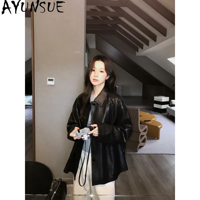 AYUNSUE Women's Sheepskin Jackets Mid-length Top-Grain Real Leather Jacket Woman Fashion Casual Black Tops Woman Clothes Casaco