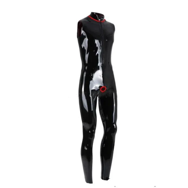 

Latex Catsuit Sleeve Rubber Bodysuit with Front Zip Crotch Hole Ring Hole Customized