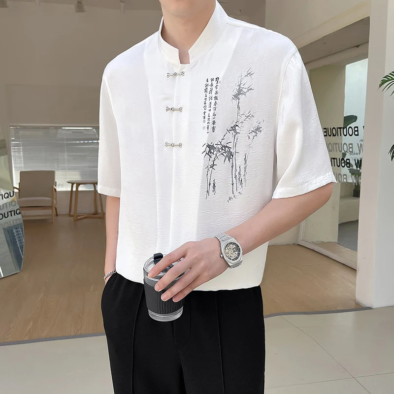 

Chinese Style Stand Collar Shirt for Men Half Sleeve Casual Business Shirts Oversized Streetwear Social Shirts Male Clothong