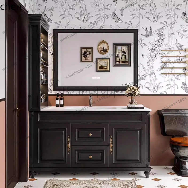 Badezimmerschrank-Kombination im französischen Retro-Stil, vom Boden bis zur Decke reichender Seitenschrank, lackierter Waschbeckenschrank aus Massivholz