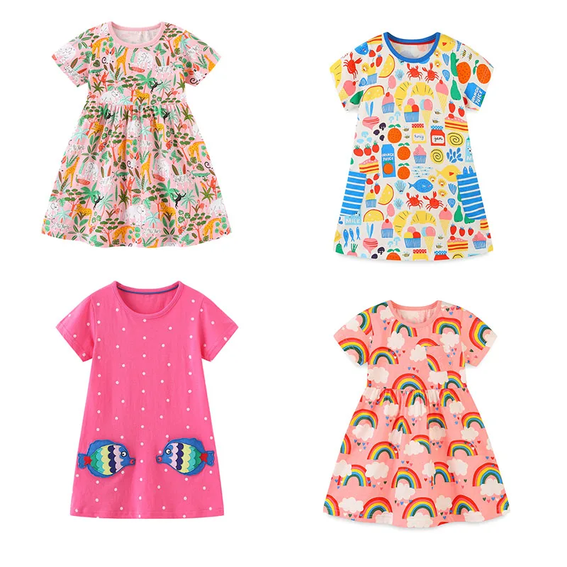 Jumping Meters Baby Dresses Pockets Fruits Print Summer Short Sleeve Cotton Short Sleeve Hot Selling Children\'s Costume Frocks