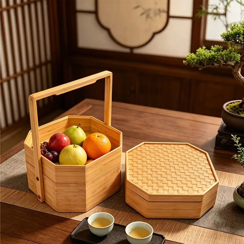 Bamboo Eco-friendly Lunch Box Octagonal Multifunctional Picnic and Food Storage Basket with Handle