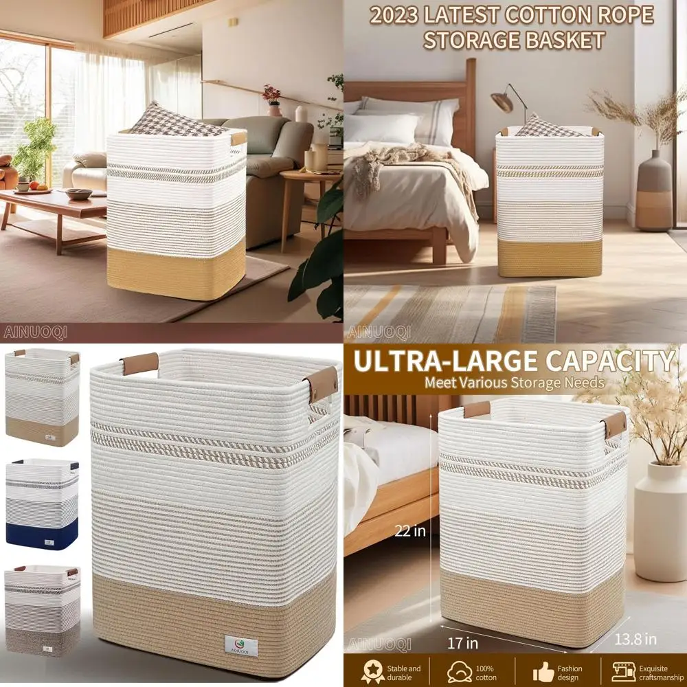 

Laundry Hamper Large Laundry Basket with Leather Handles, Decorative Storage Cotton Rope Woven Basket for Blankets, Clothes Hamp