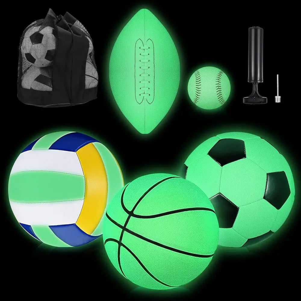 

Glow-in-the-Dark Sports Ball Set: 5 Official-Size Light Up Volleyball, Soccer, Basketball, and Baseball with Carry Bag & Pump fo