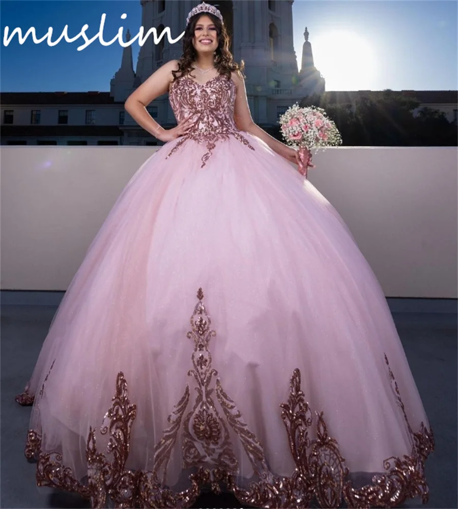 Sparkly Pink Quinceanera Dress With Sequin Elegant Debutante Vestidos De Xv 15 Años Ball Gown Fifteen Birthday Party Customized