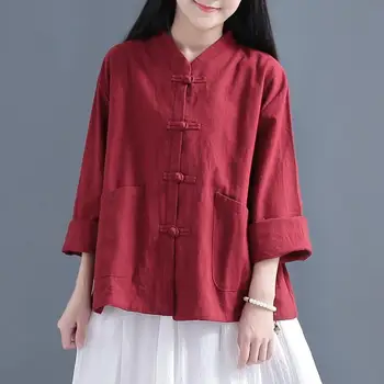 Tang Suit Top in lino Cardigan con colletto cinese camicia in stile etnico donna allentata Hanfu cotone lino camicetta tradizionale Vintage Kung Fu
