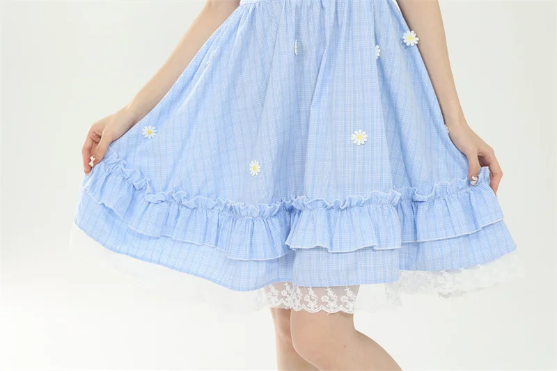 Lolita High Waist Ruffle Black Pleated Skirt Girls Japanese Fashion Vintage Plaid Kawaii Lace Up Blue Flared Suspender Skirt Red