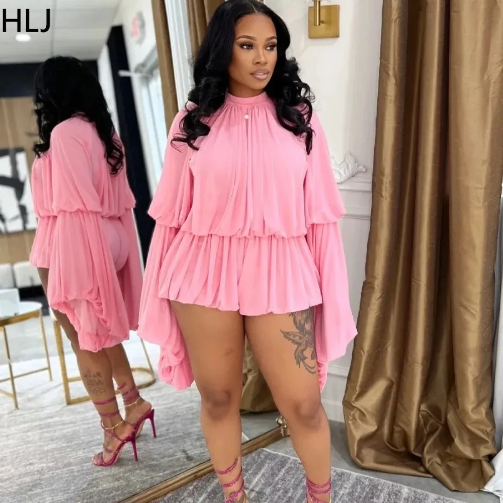 HLJ Casual Ruched Patchwork Bodycon Romper Women Flare Sleeve High Waist One Piece Jumpsuit Female Streetwear Overalls Summer