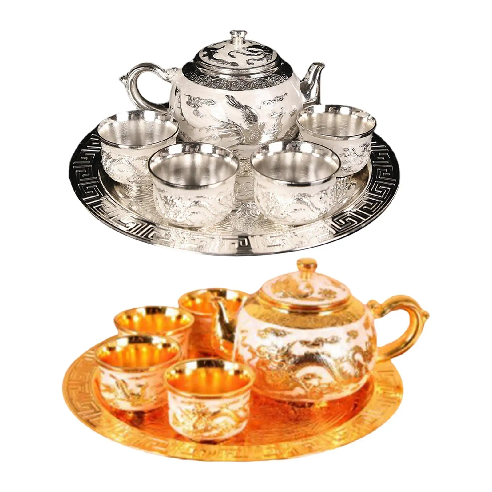 

Teapot Set W/ Tray Adults Tea Pot 4 Tea Cups Drinking Coffee Tea Zinc Alloy